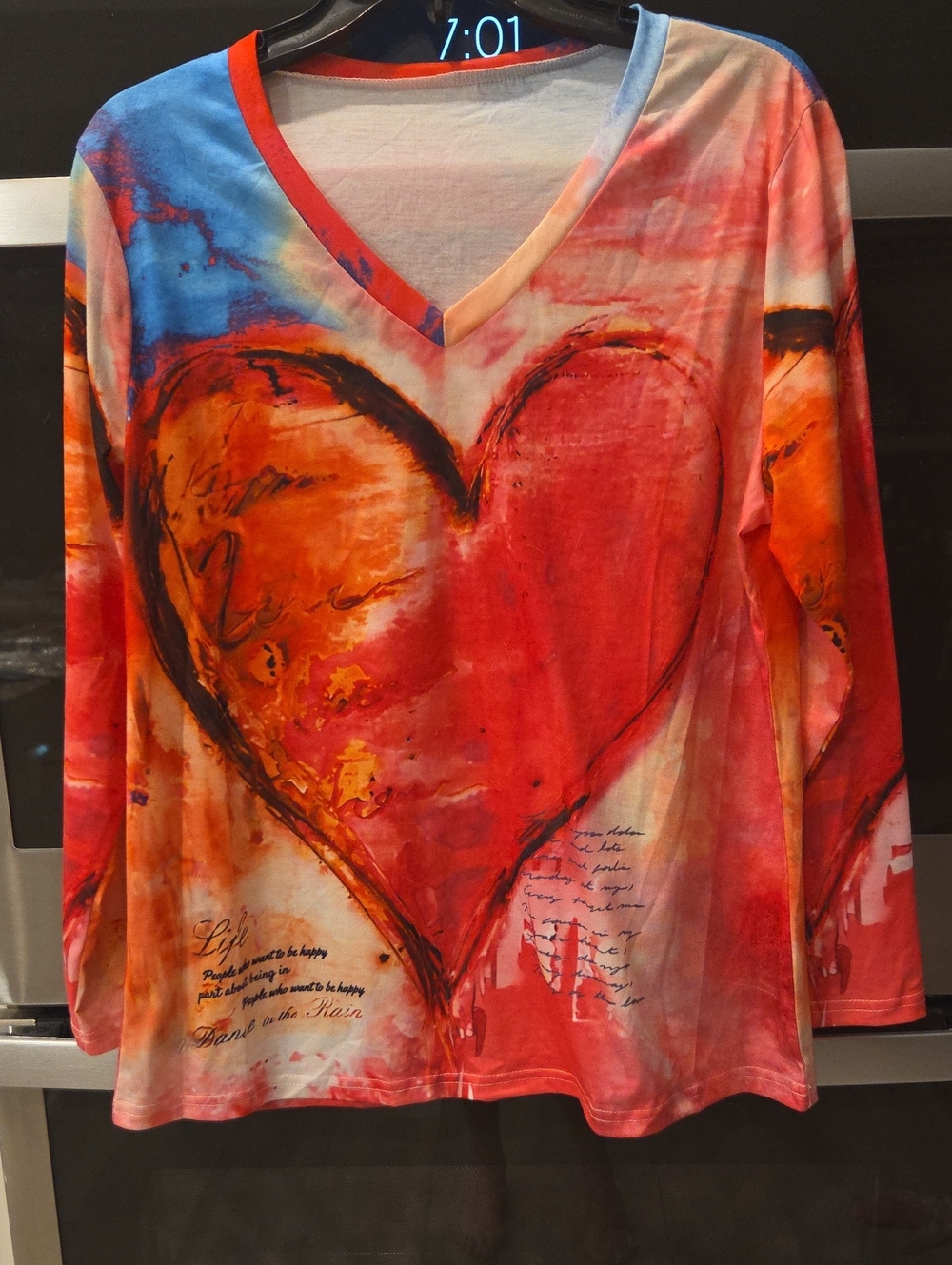 Vibrant Heart-Print V-Neck Women's Top - Red Multi